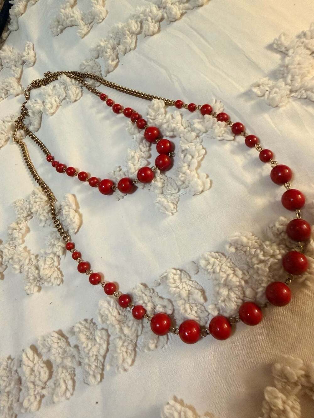 Vintage Double Strand Red Lucite Bead Statement Necklace with Gold Tone Chain